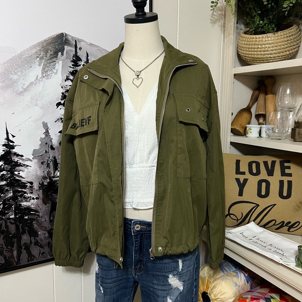 Olive Green Long Sleeve Zip up Jacket - Women
